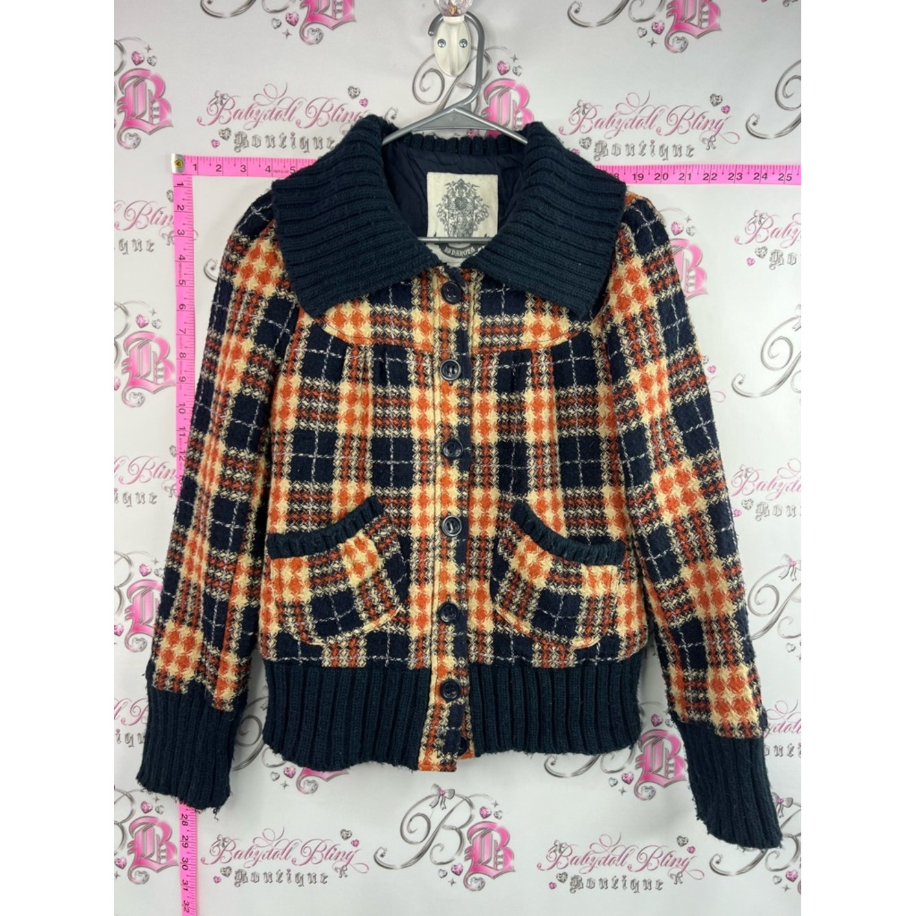 Bb Dakota Jacket Coat Y2k Navy, Orange & Cream Plaid Coat With Rib-Knit Collar